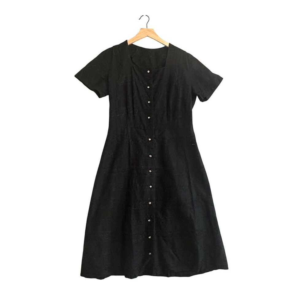 Vintage 1950s Black Cotton Eyelet Dress with Glass Buttons